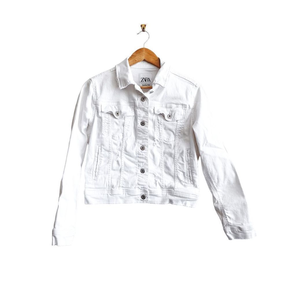 ZARA Womens Jean Jacket Cropped Button Distressed Denim White Medium